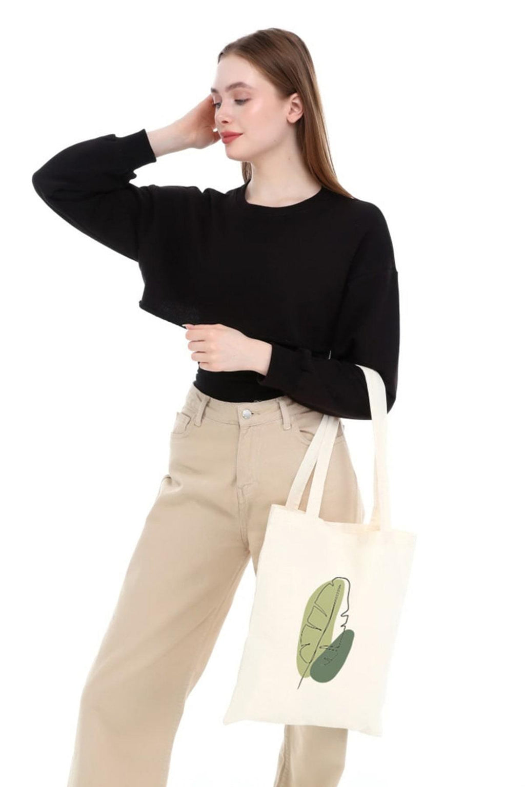 Green Leaf Baskılı Ham Bez Çanta