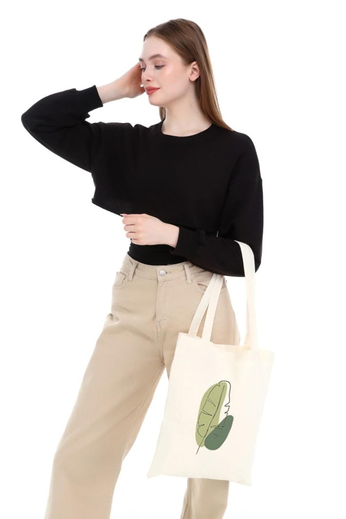 Green Leaf Baskılı Ham Bez Çanta