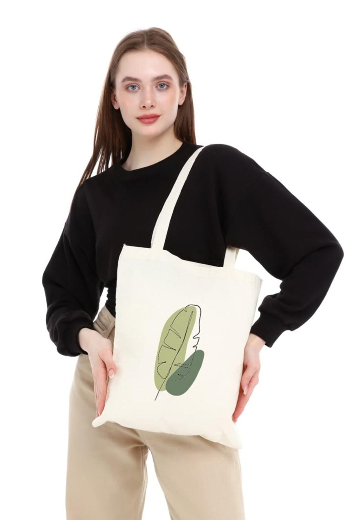 Green Leaf Baskılı Ham Bez Çanta