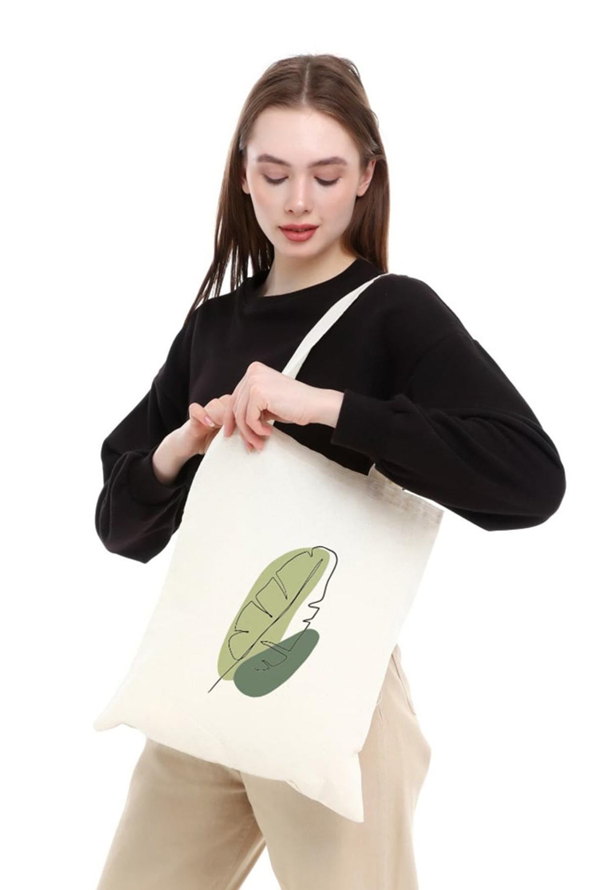 Green Leaf Baskılı Ham Bez Çanta