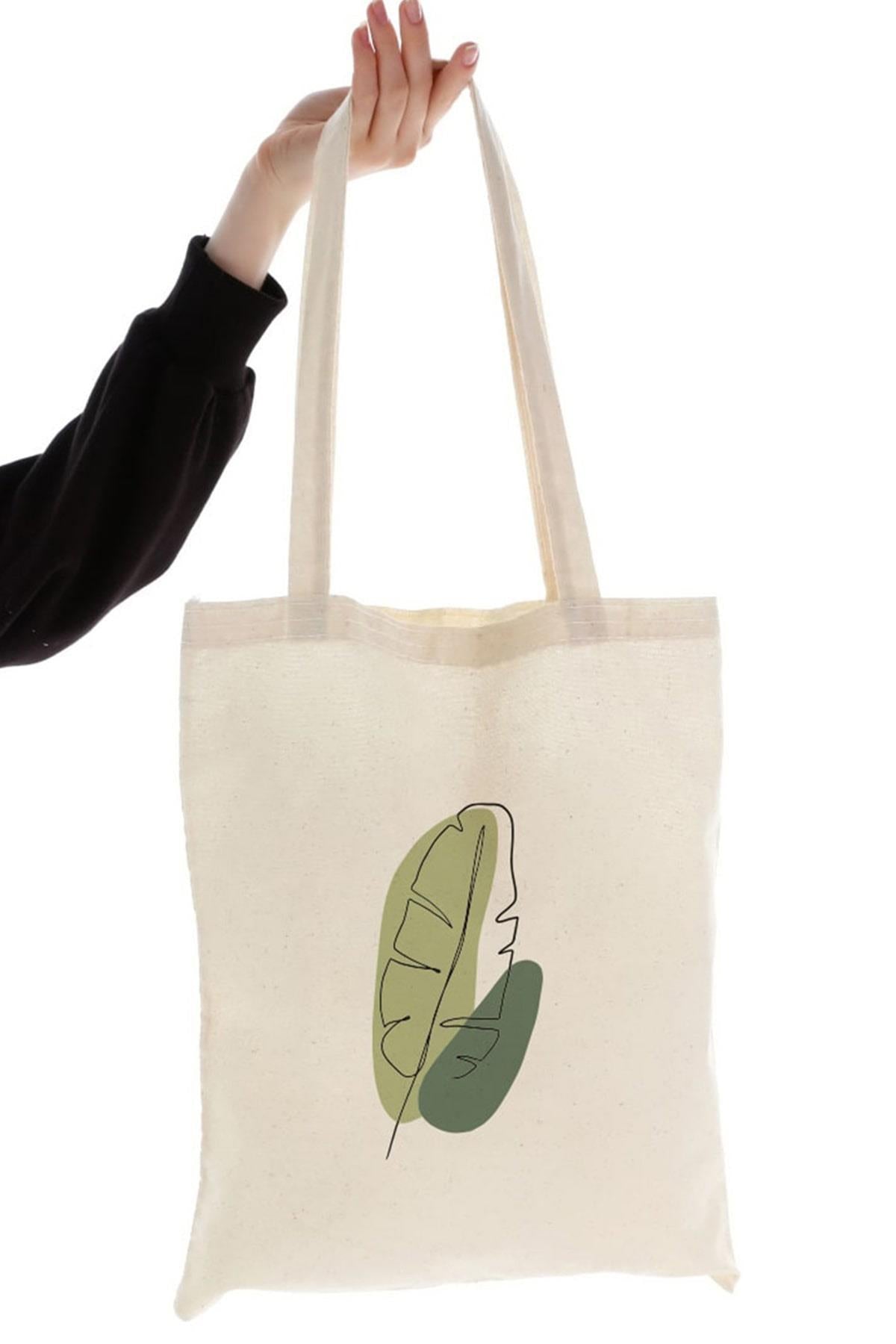 Green Leaf Baskılı Ham Bez Çanta