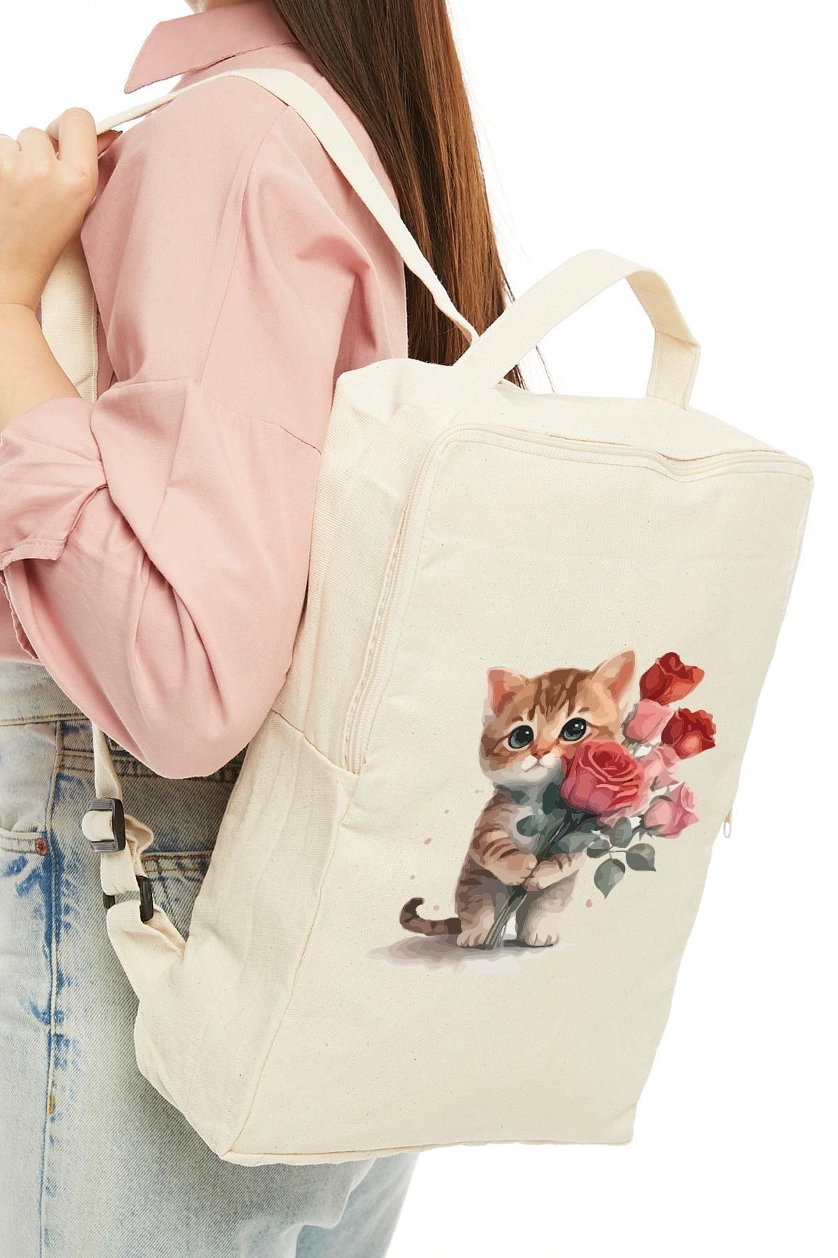 Gül Taşıyan Kedi Baskılı Kanvas Sırt Çantası