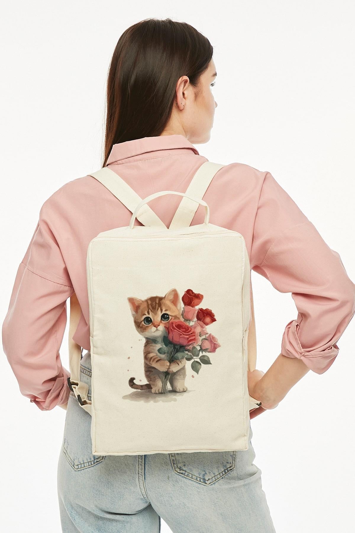 Gül Taşıyan Kedi Baskılı Kanvas Sırt Çantası