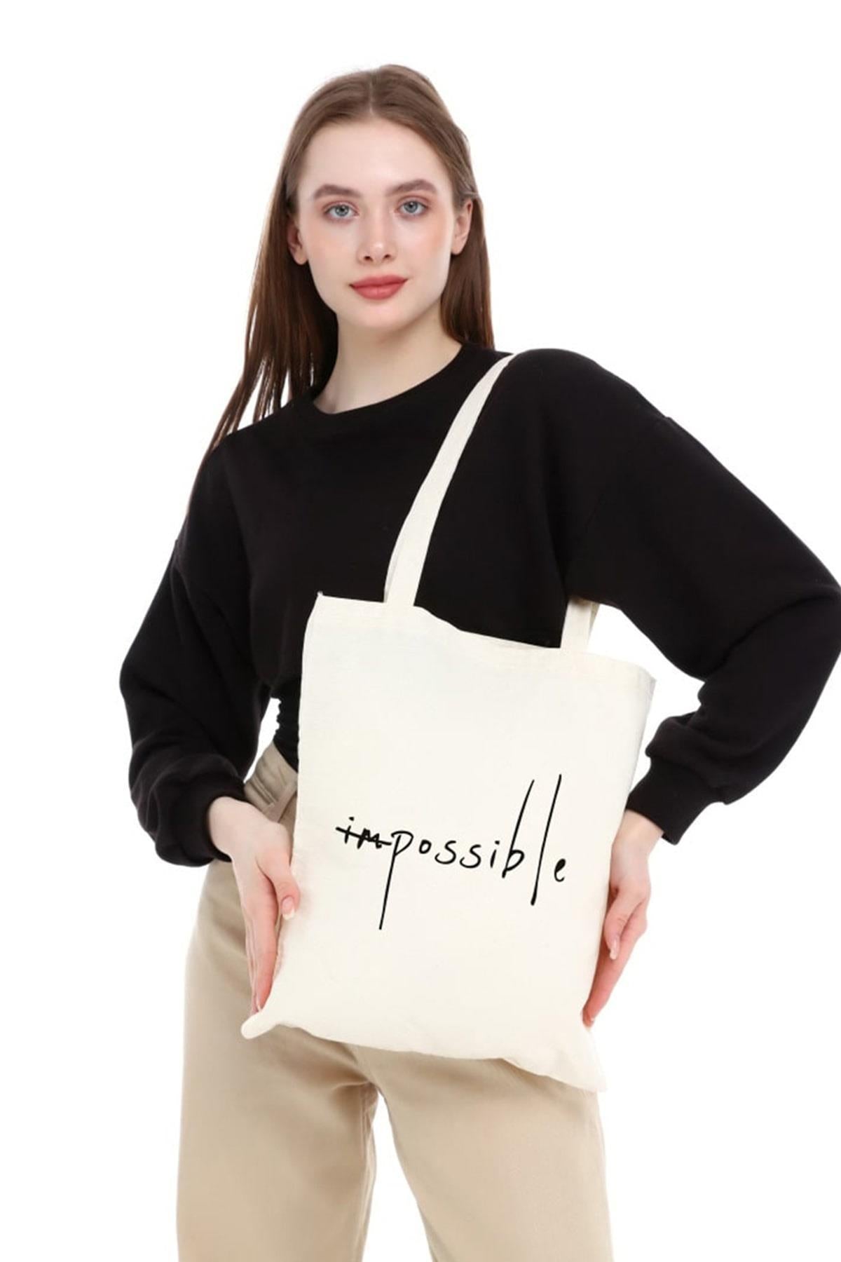 Impossible Baskılı Ham Bez Çanta