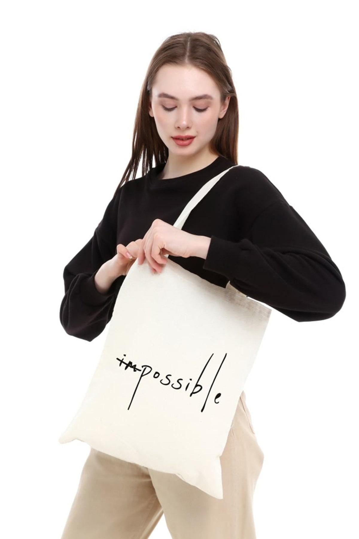 Impossible Baskılı Ham Bez Çanta