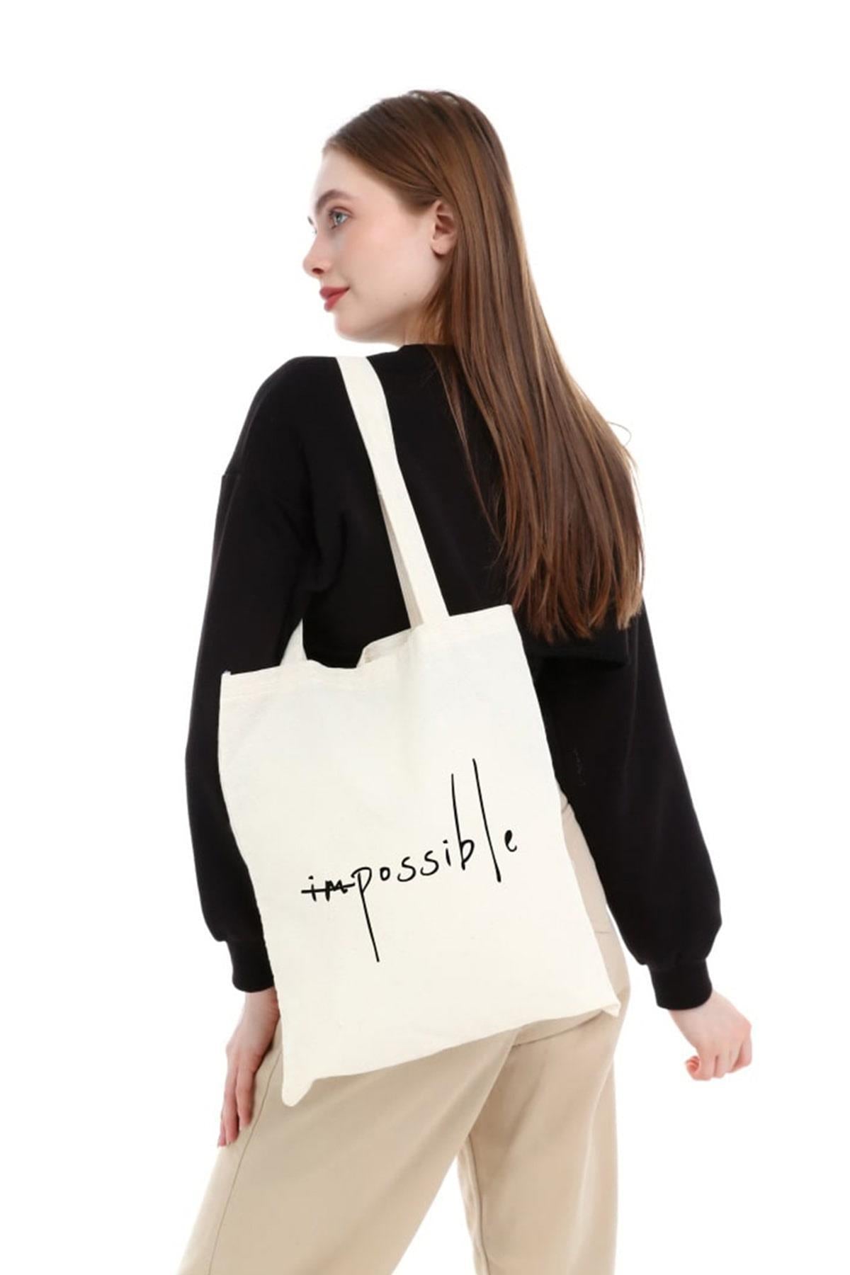 Impossible Baskılı Ham Bez Çanta