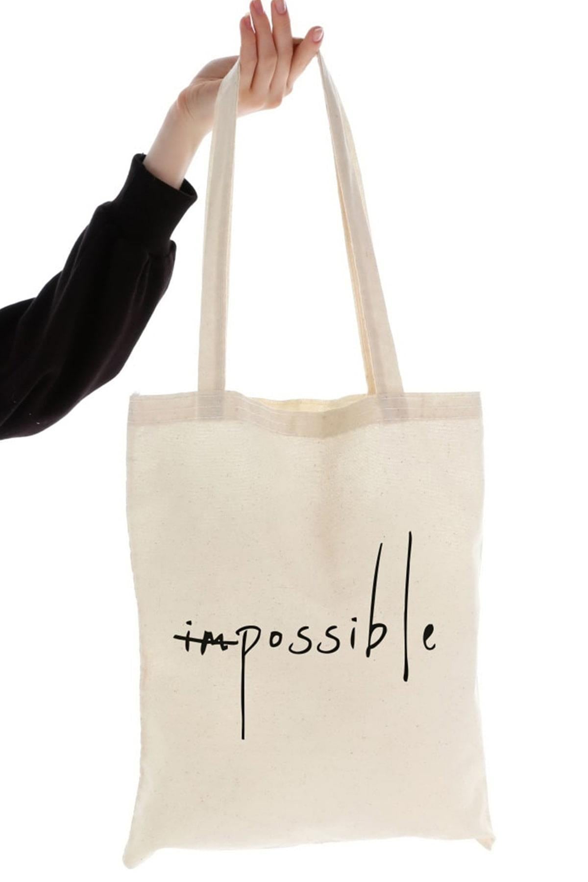 Impossible Baskılı Ham Bez Çanta