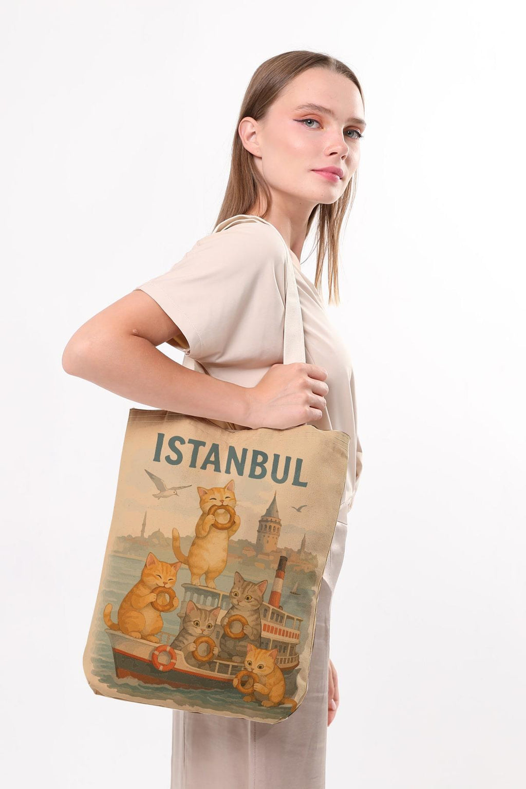 Kanvas Simit Yiyen Kediler Baskılı Bez Çanta