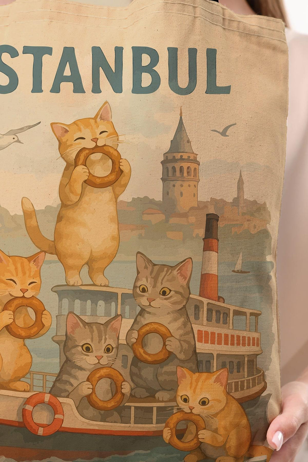 Kanvas Simit Yiyen Kediler Baskılı Bez Çanta