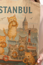Kanvas Simit Yiyen Kediler Baskılı Bez Çanta