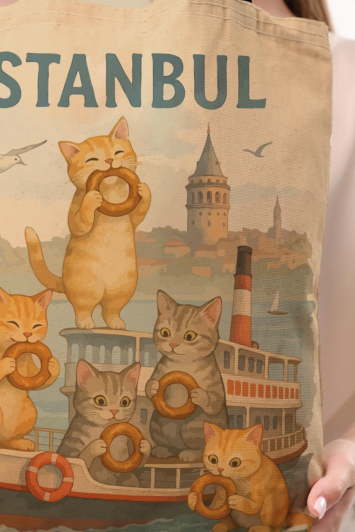 Kanvas Simit Yiyen Kediler Baskılı Bez Çanta