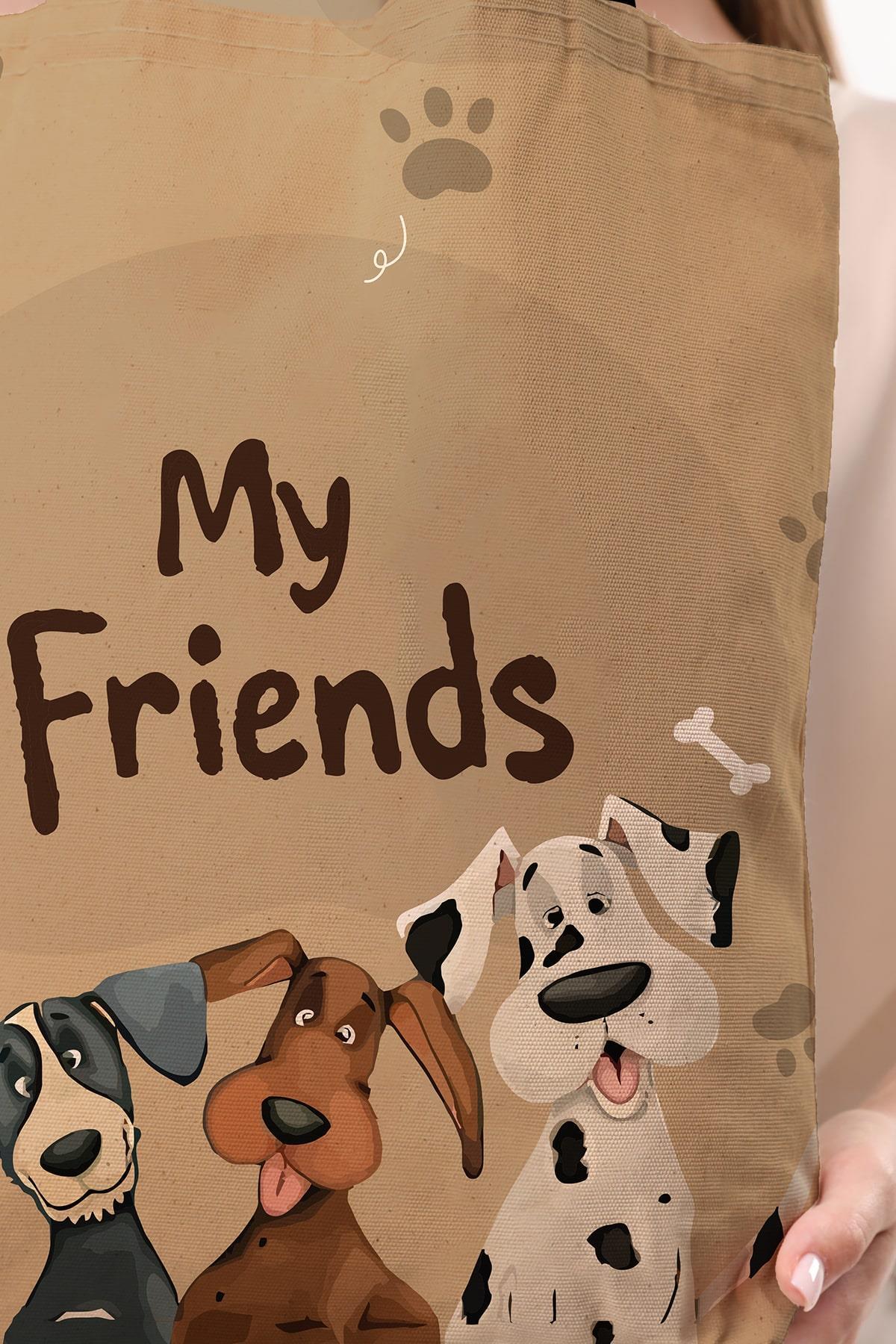 Kanvas Arkadaş Köpekler Baskılı Bez Çanta