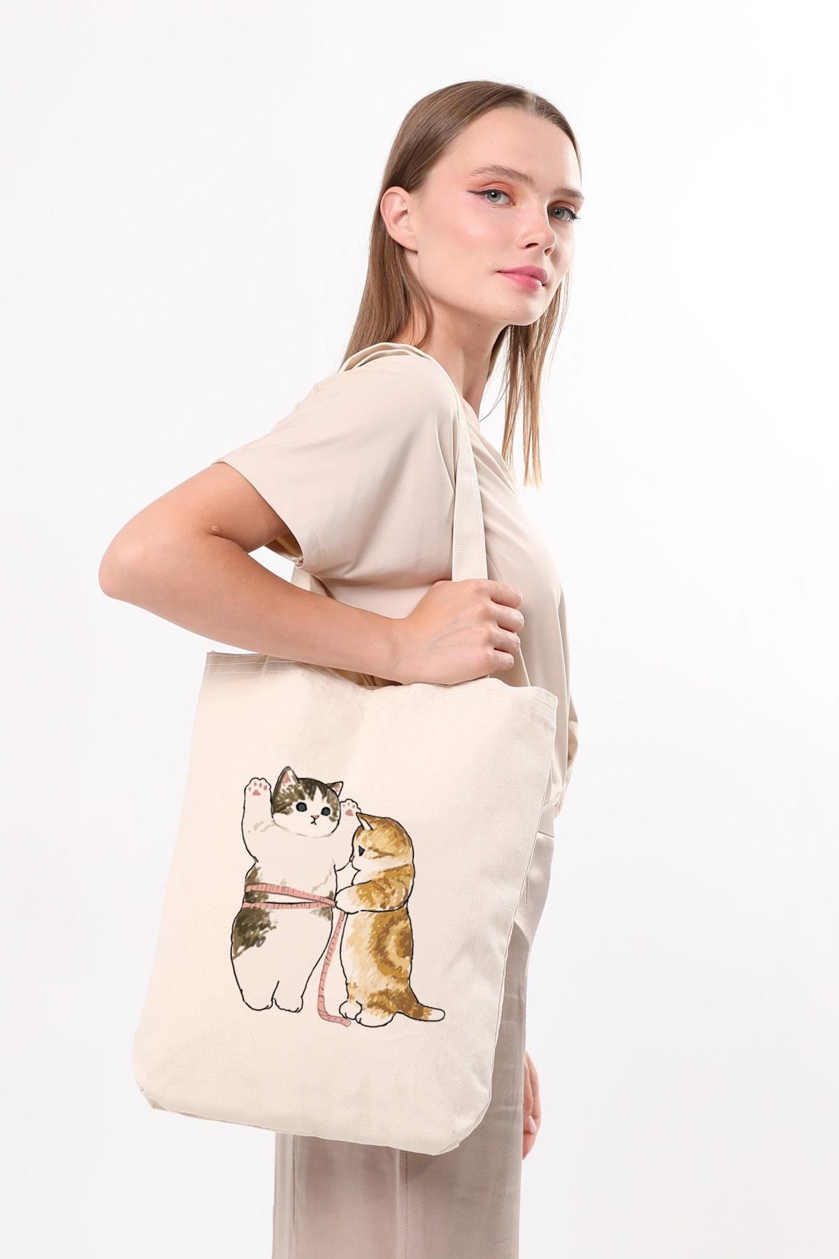 Kanvas Cats Size Baskılı Bez Çanta