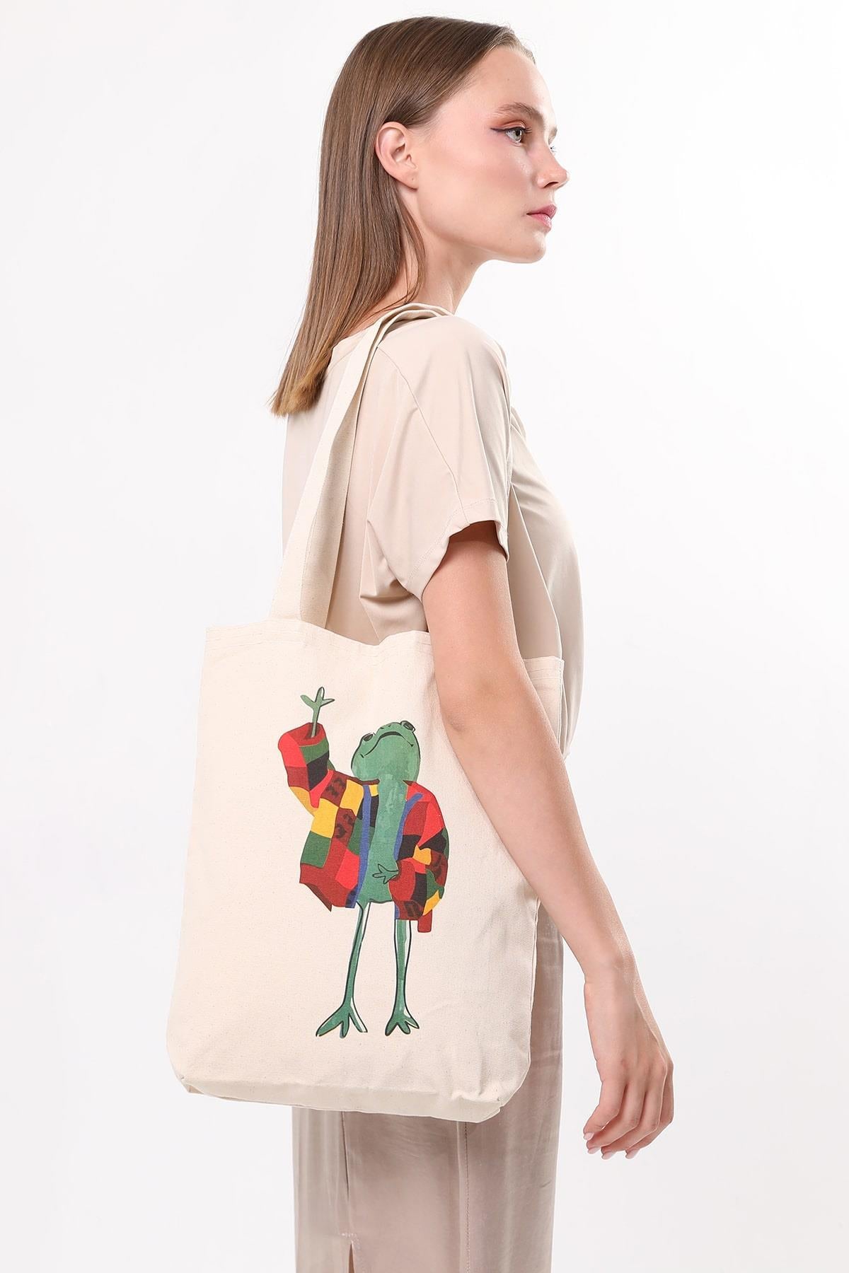 Kanvas Ceketli Kurbağa Bez Çanta