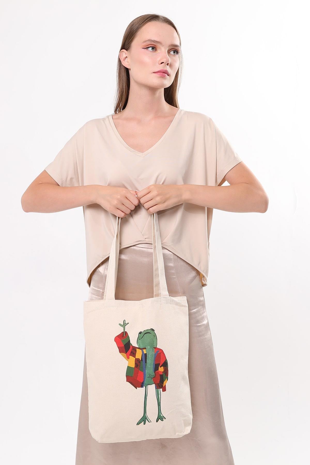 Kanvas Ceketli Kurbağa Bez Çanta