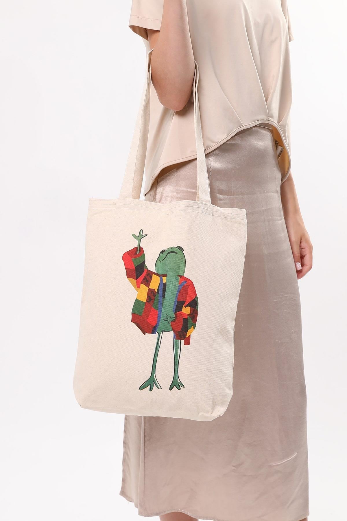 Kanvas Ceketli Kurbağa Bez Çanta
