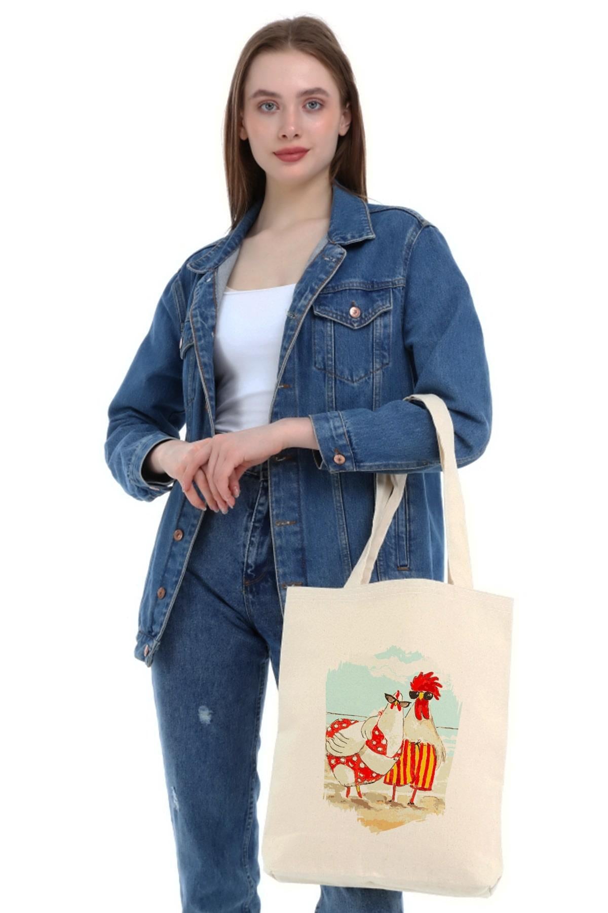 Kanvas Chicken Summer Photo Baskılı Bez Çanta