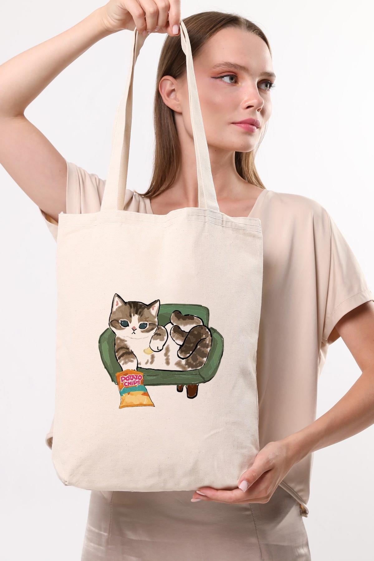 Kanvas Cips Yiyen Kedi Bez Çanta C1616