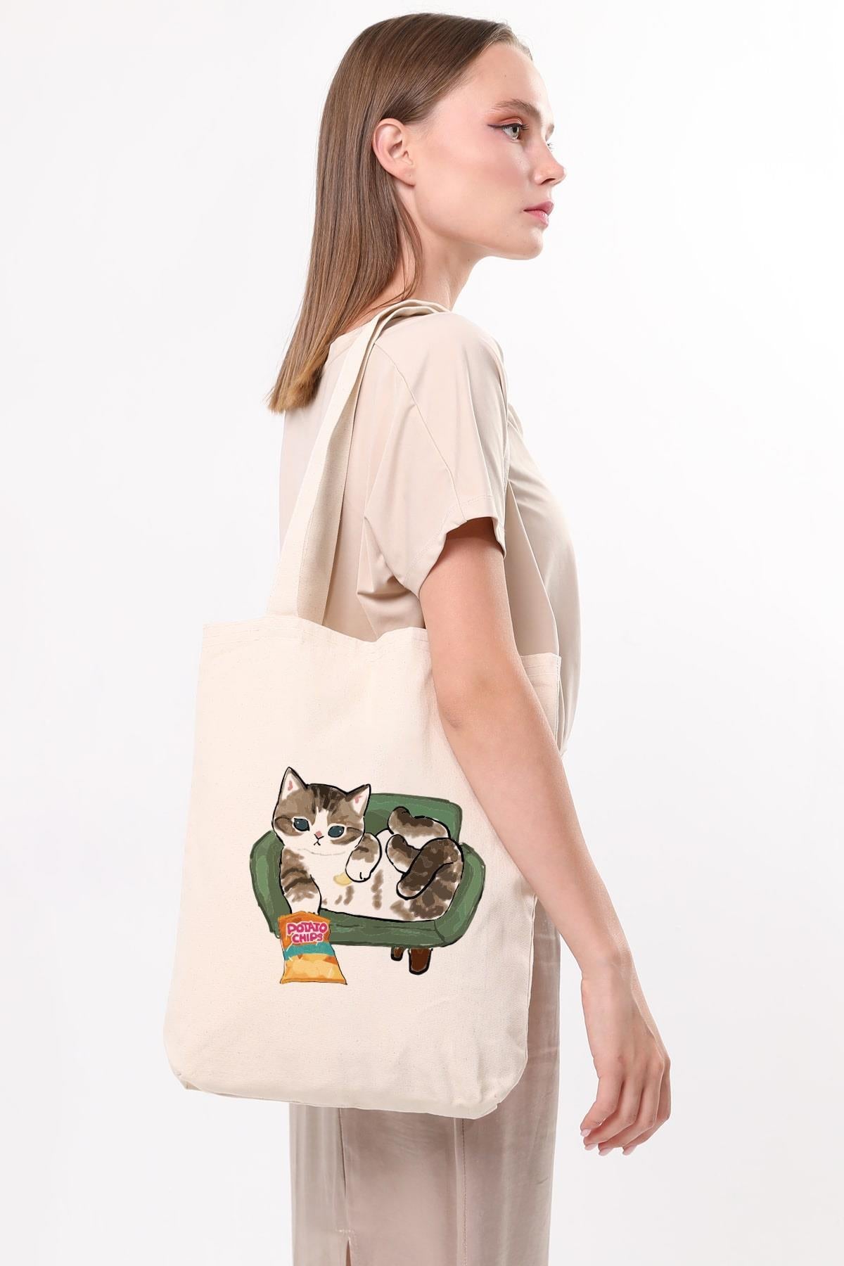 Kanvas Cips Yiyen Kedi Bez Çanta C1616