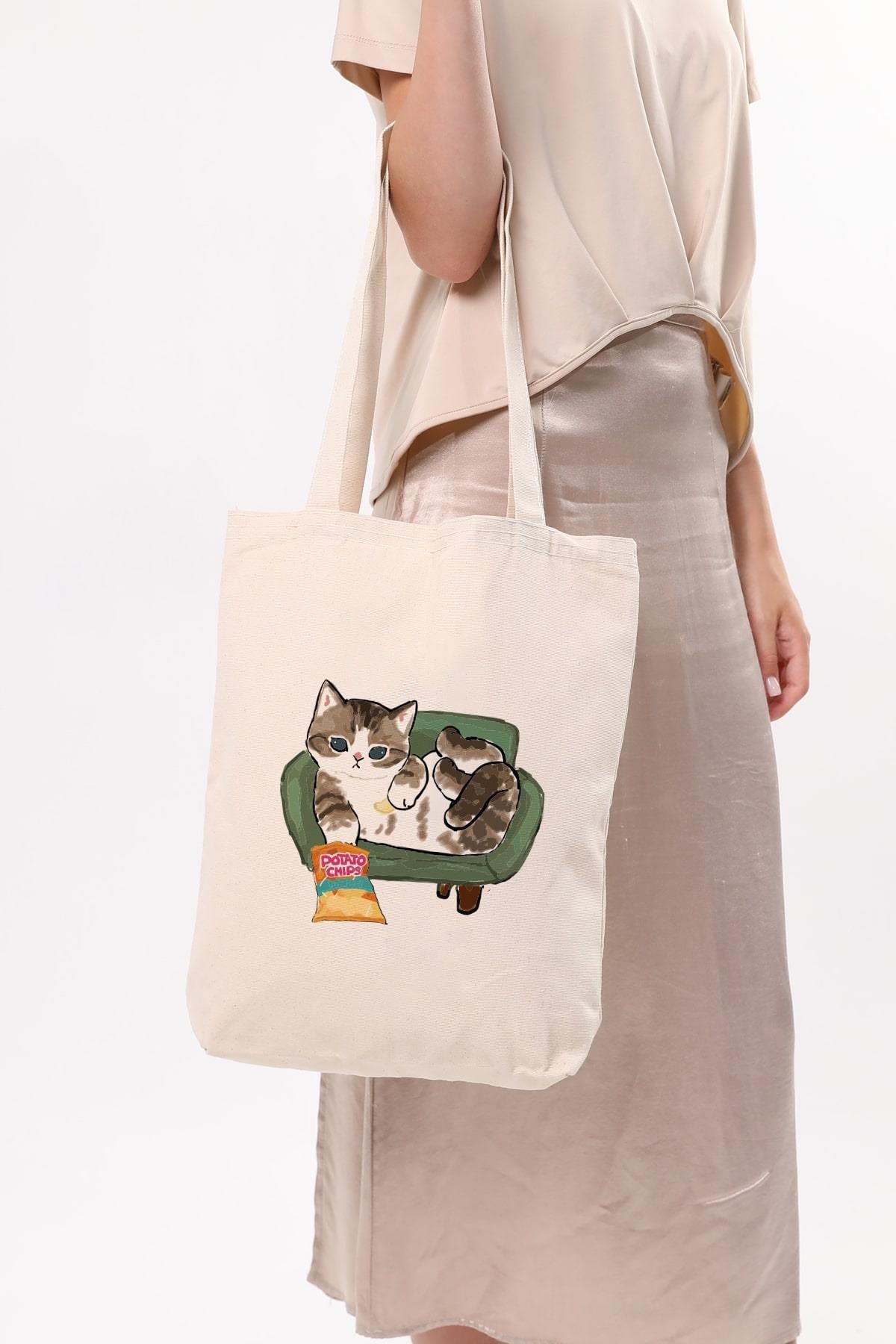 Kanvas Cips Yiyen Kedi Bez Çanta C1616