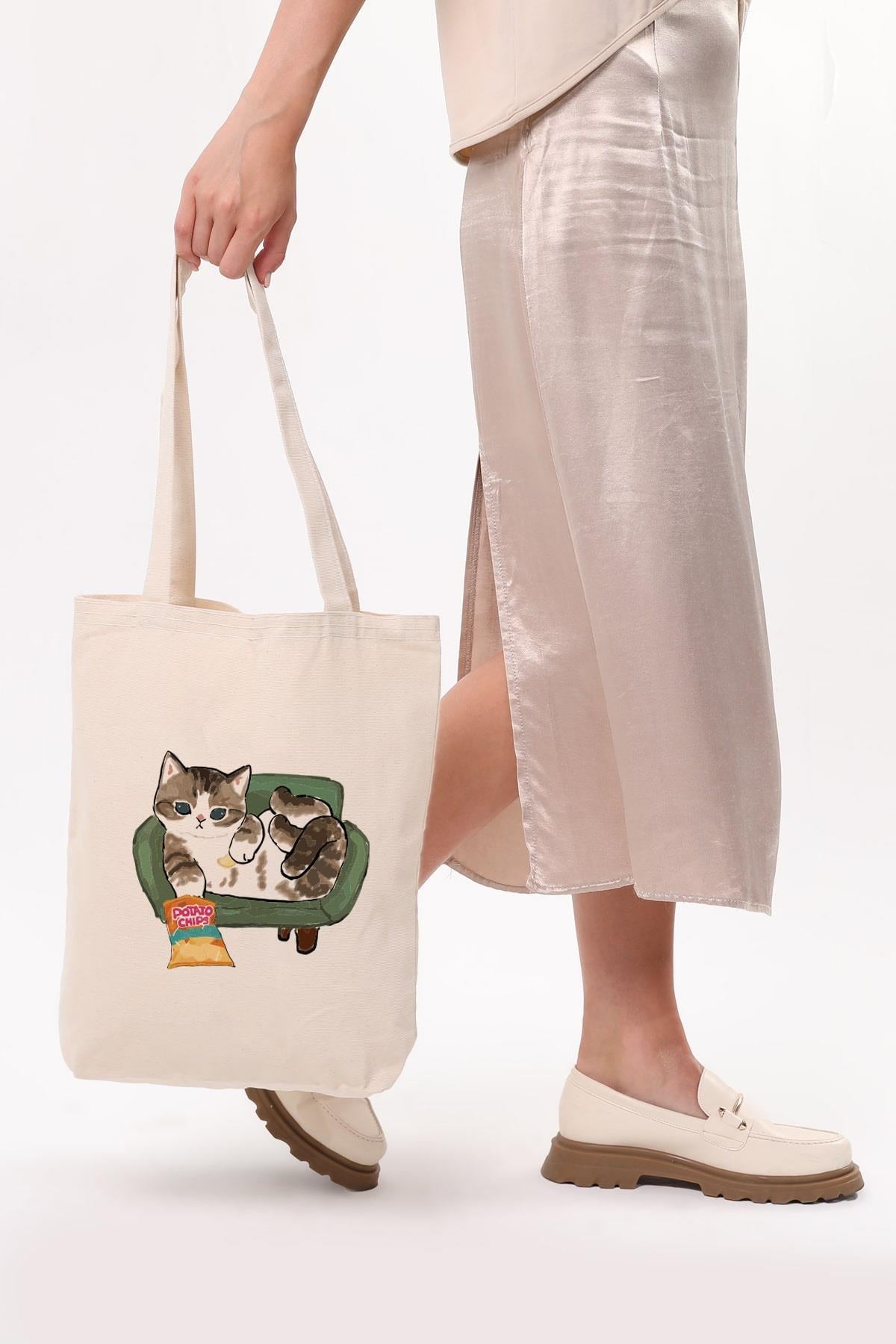 Kanvas Cips Yiyen Kedi Bez Çanta C1616