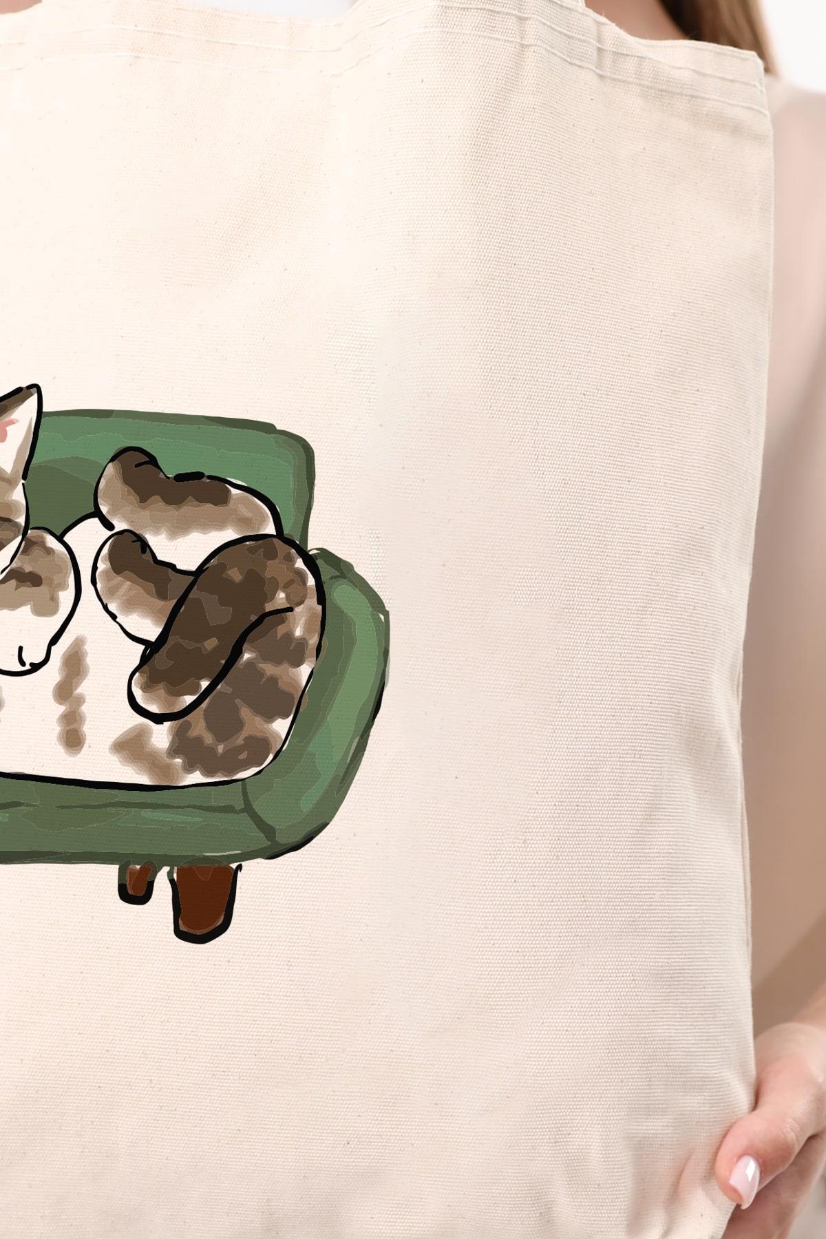 Kanvas Cips Yiyen Kedi Bez Çanta C1616