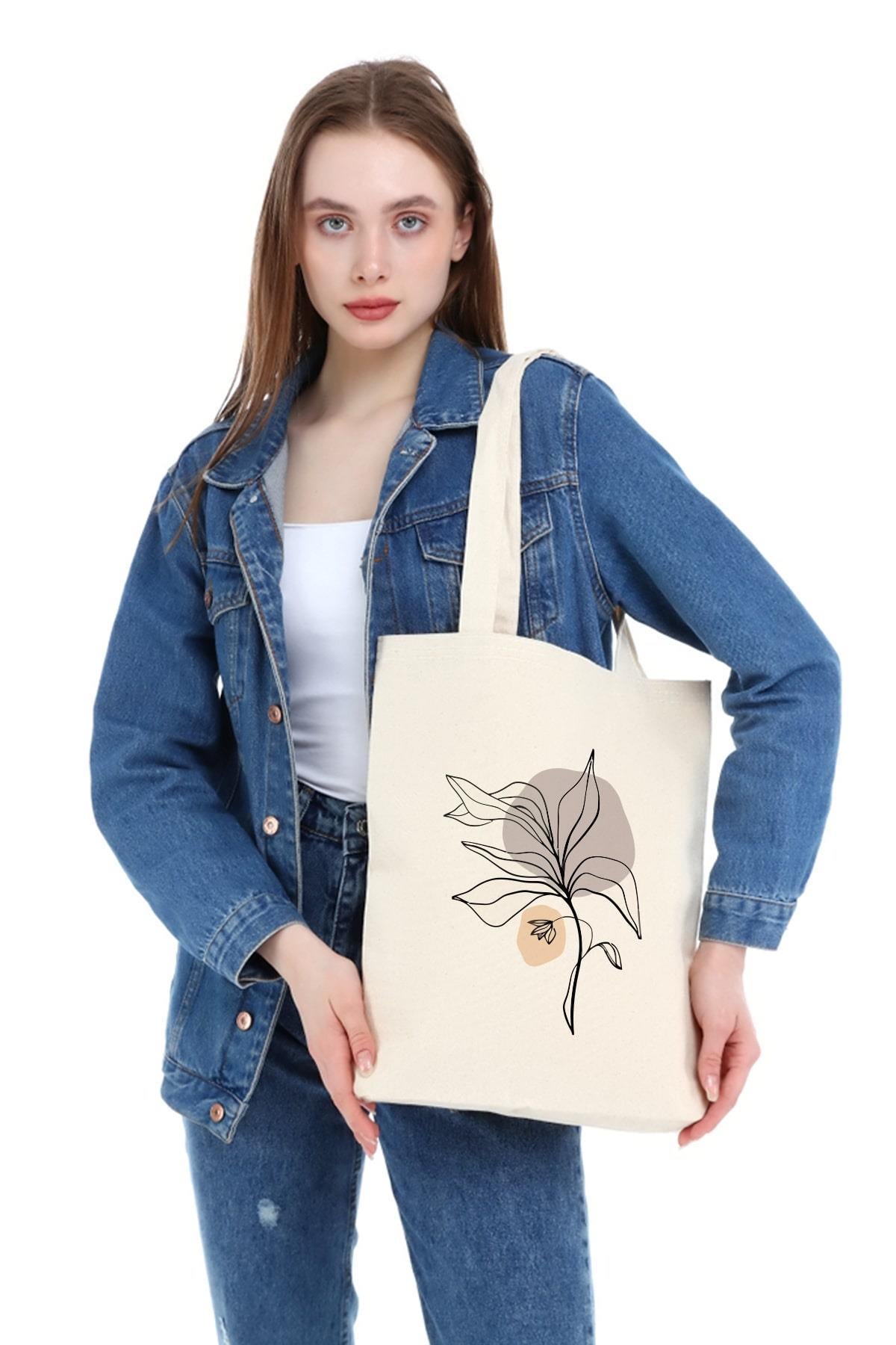 Kanvas Draw Cream Flower Baskılı Bez Çanta