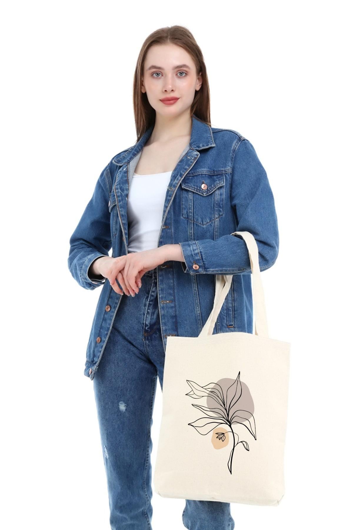 Kanvas Draw Cream Flower Baskılı Bez Çanta
