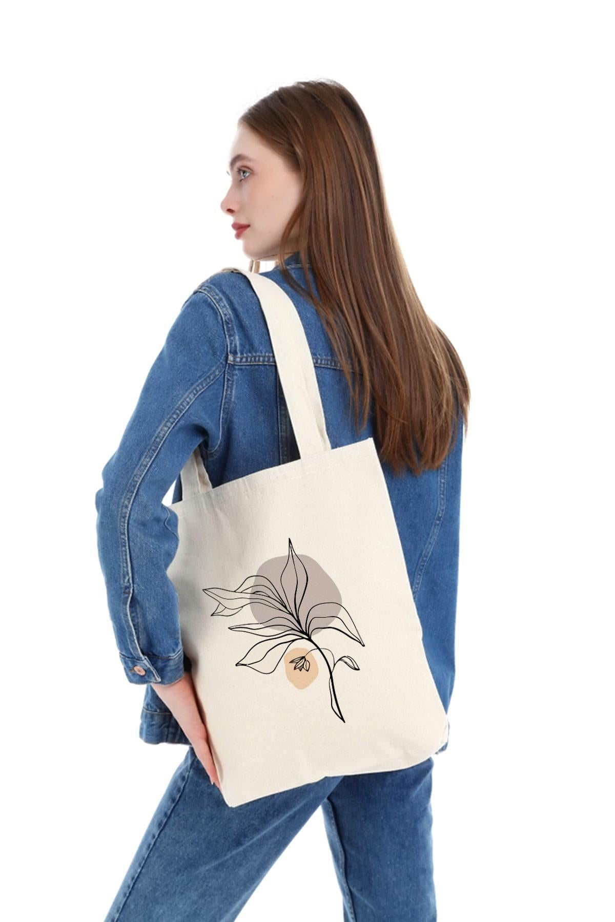 Kanvas Draw Cream Flower Baskılı Bez Çanta