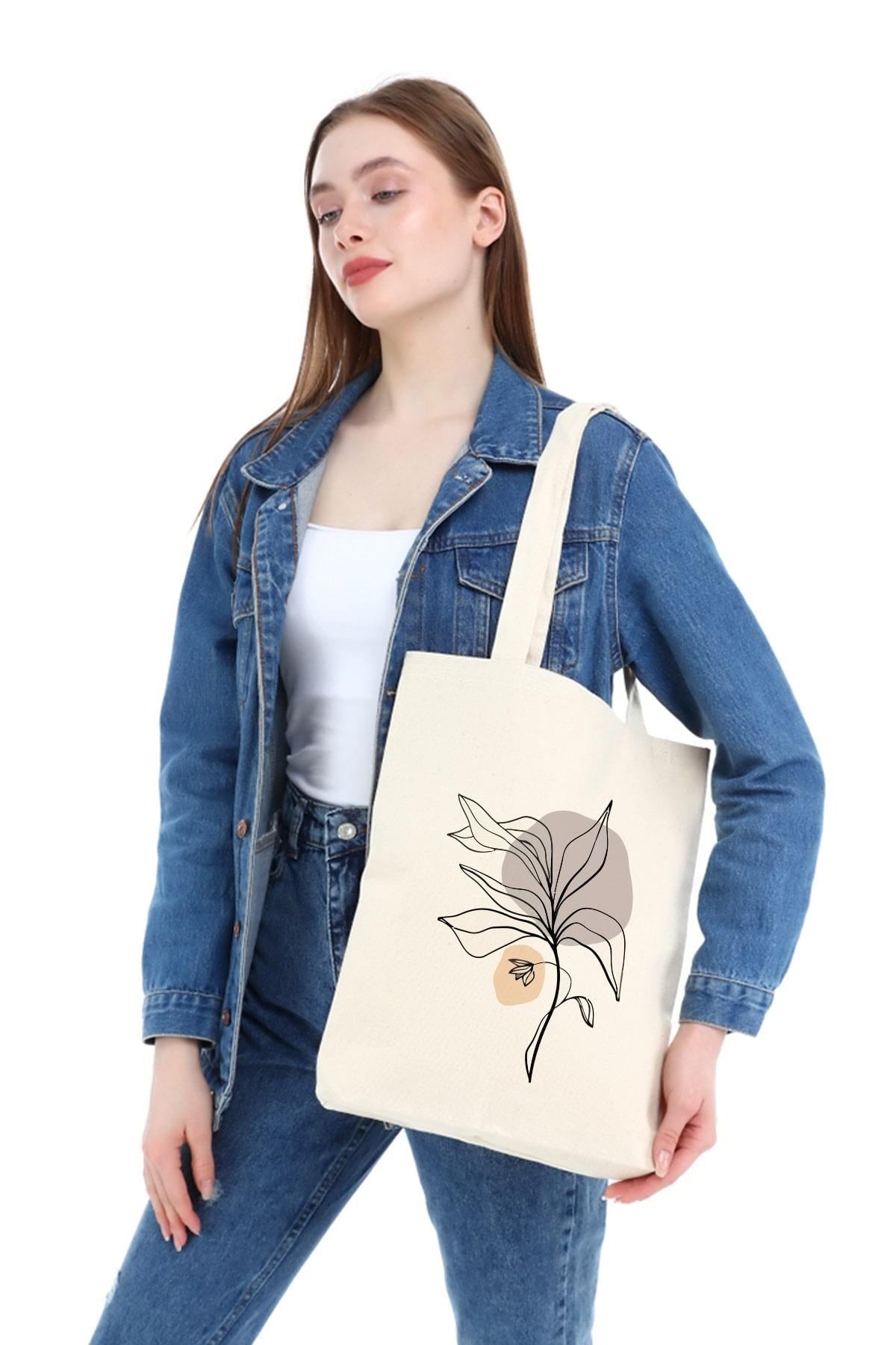 Kanvas Draw Cream Flower Baskılı Bez Çanta