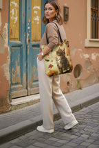 Kanvas FERMUARLI Sonbahar Ve Kedi Baskılı Çanta