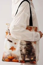 Kanvas FERMUARLI Sonbahar Ve Kedi Baskılı Çanta