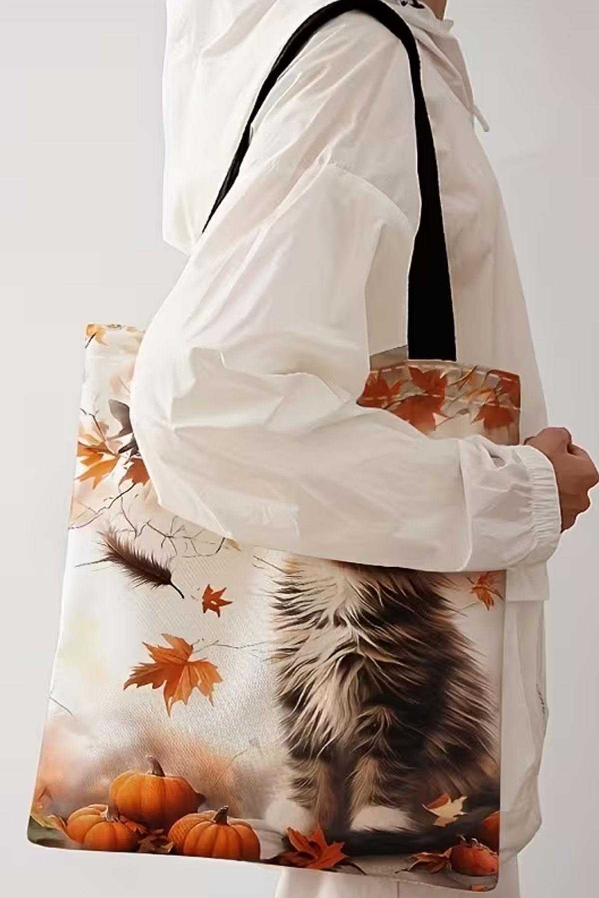 Kanvas FERMUARLI Sonbahar Ve Kedi Baskılı Çanta