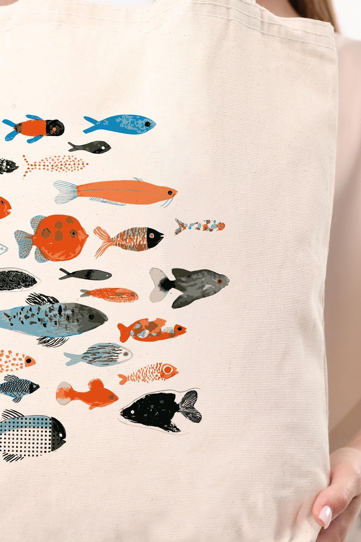 Kanvas Fishes Baskılı Bez Çanta