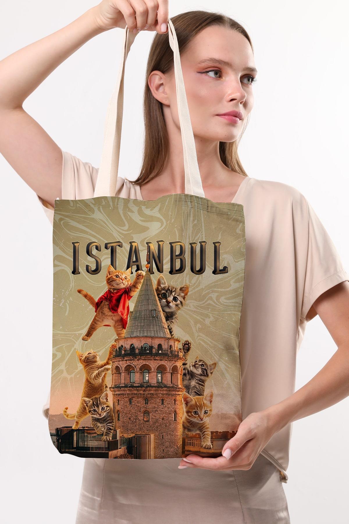 Kanvas Galata'da Süper Kediler Baskılı Bez Çanta