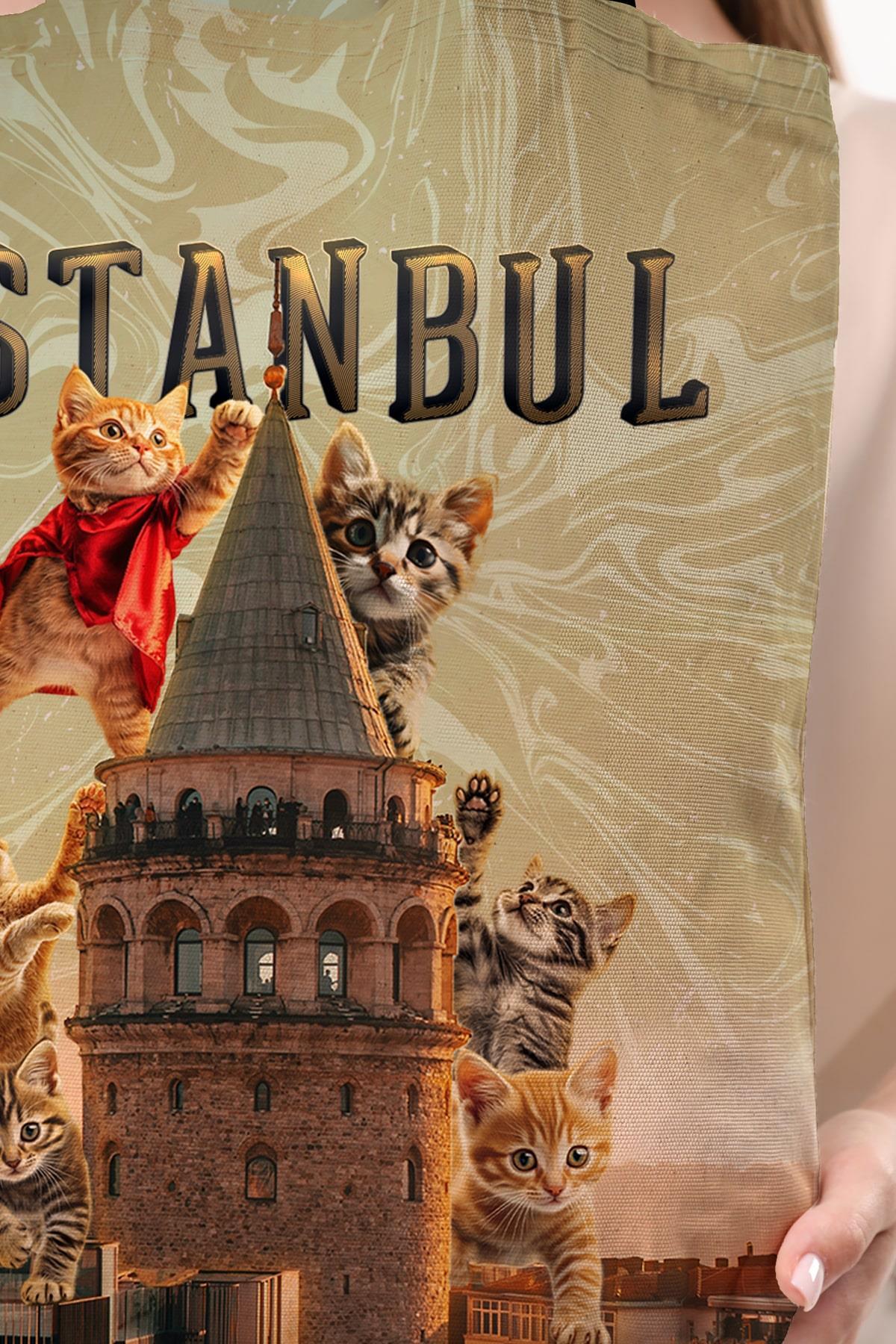 Kanvas Galata'da Süper Kediler Baskılı Bez Çanta