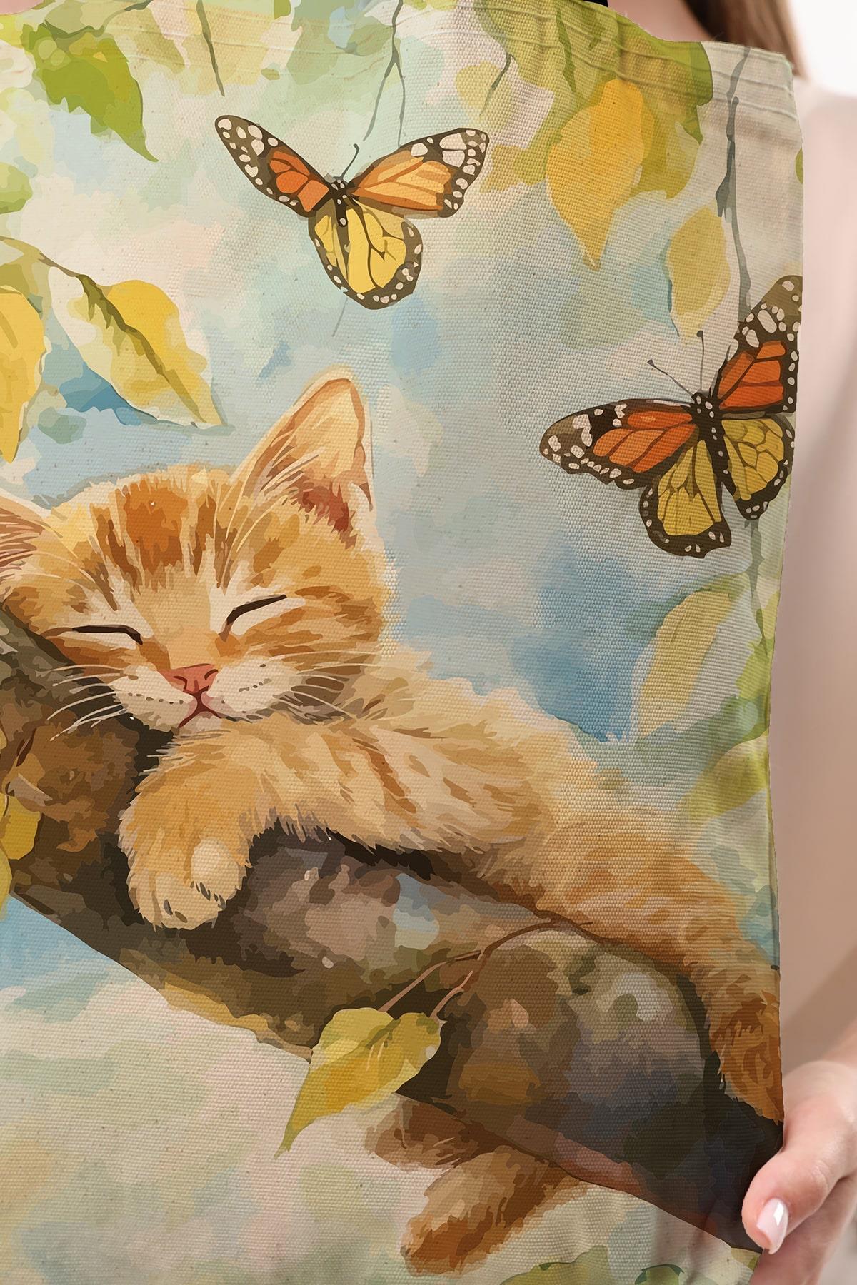 Kanvas Ağaca Sarılan Kedi Baskılı Bez Çanta