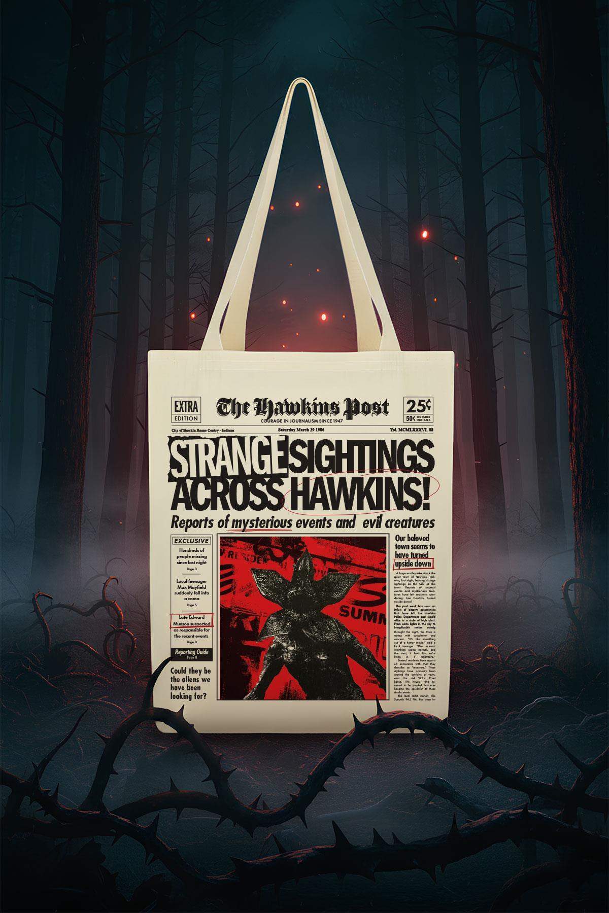 Strangr Thngs Temalı Kanvas Bez Omuz Çantası – 35x40 cm, 300 gr Kalın Kumaş, Özel Tasarım Tote Çanta