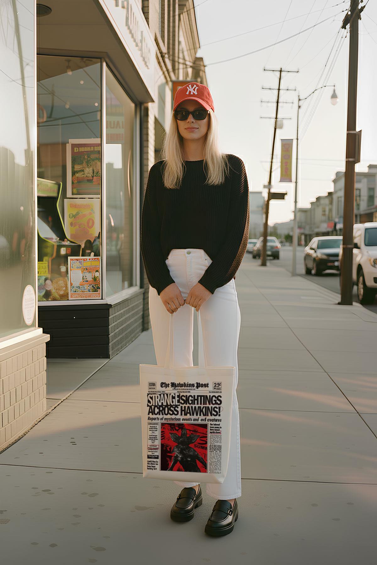 Strangr Thngs Temalı Kanvas Bez Omuz Çantası – 35x40 cm, 300 gr Kalın Kumaş, Özel Tasarım Tote Çanta