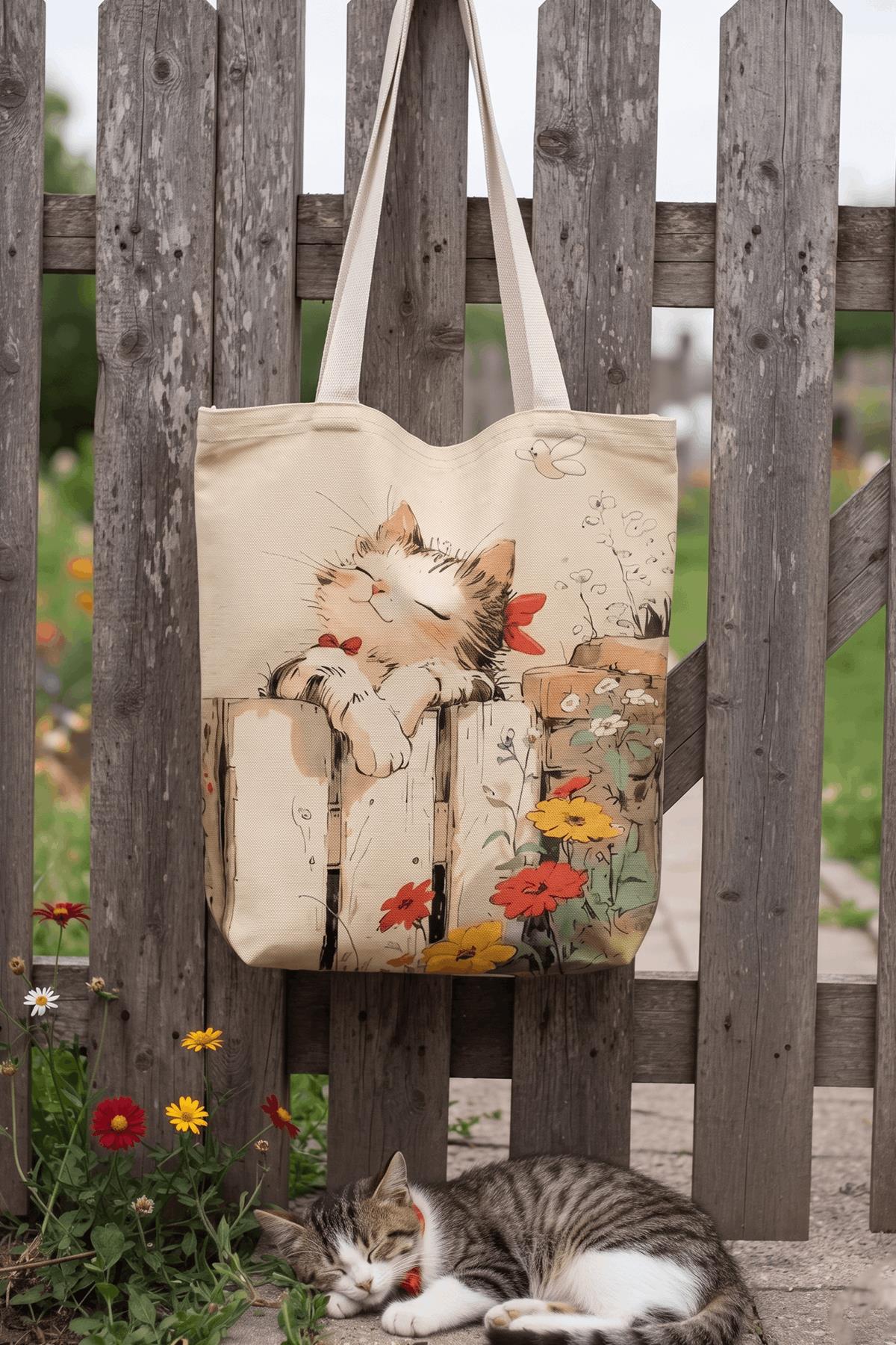 Kanvas Huzurlu Kedi Baskılı Bez Çanta