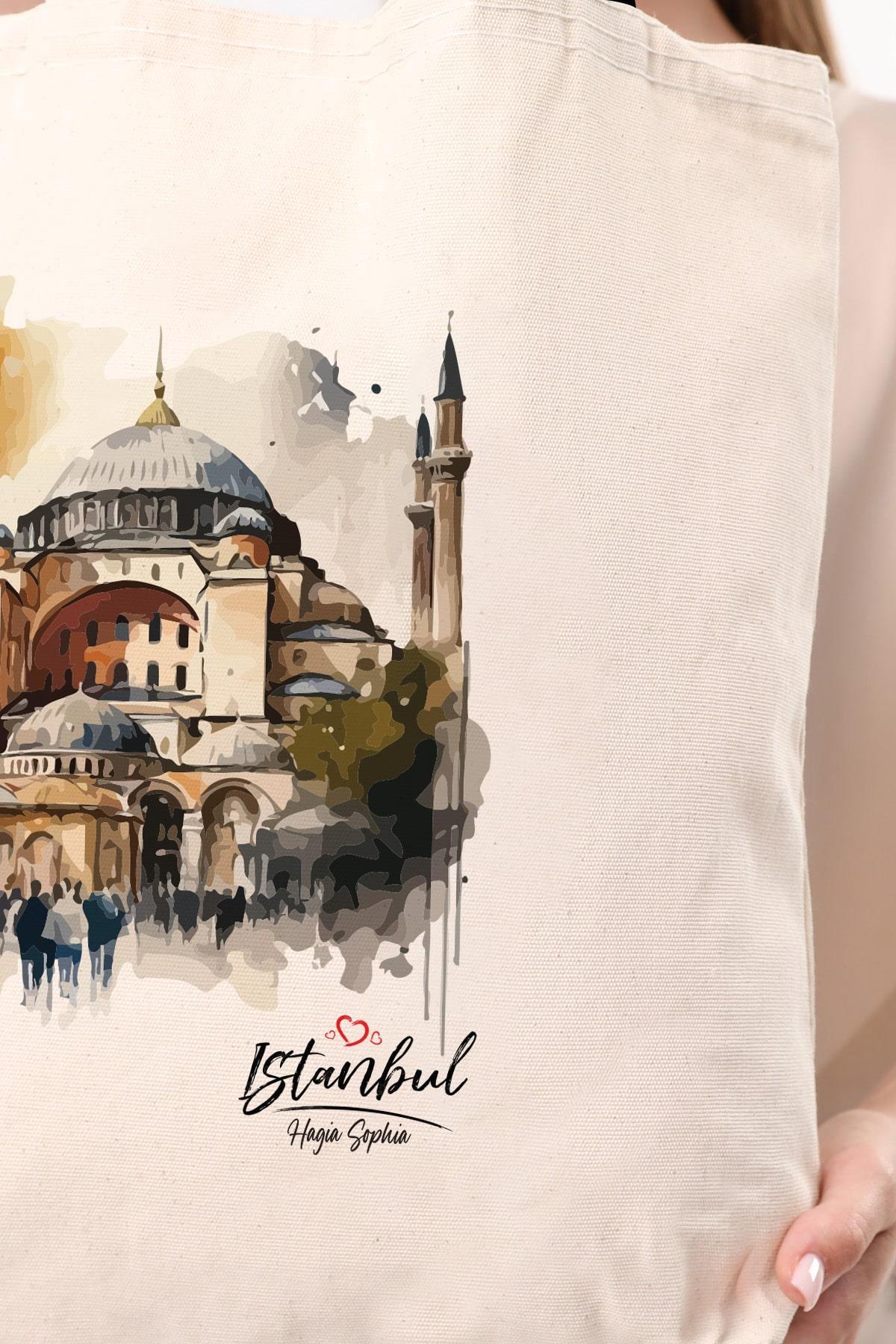 Kanvas Suluboya Efektli Ayasofya Bez Çanta