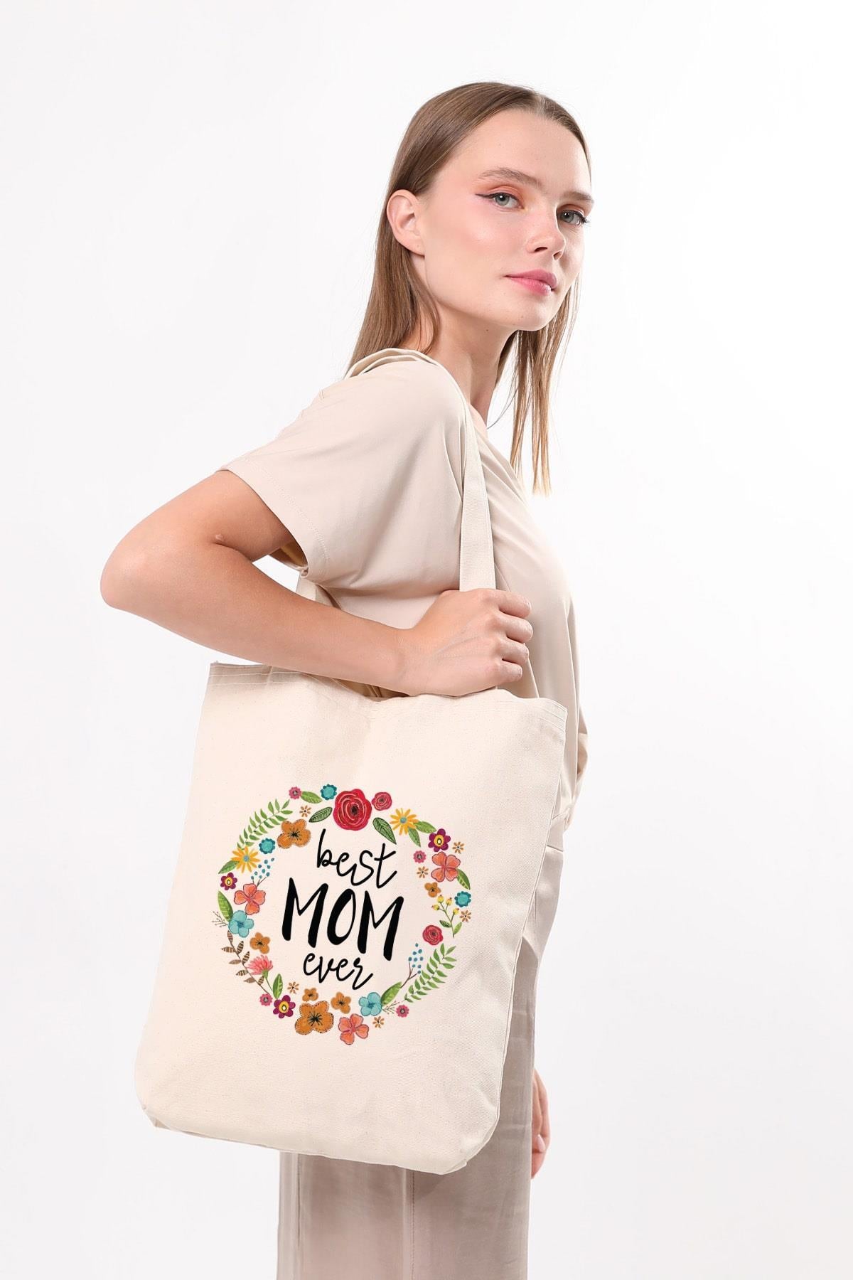 Kanvas Best Mom Ever Baskılı Bez Çanta