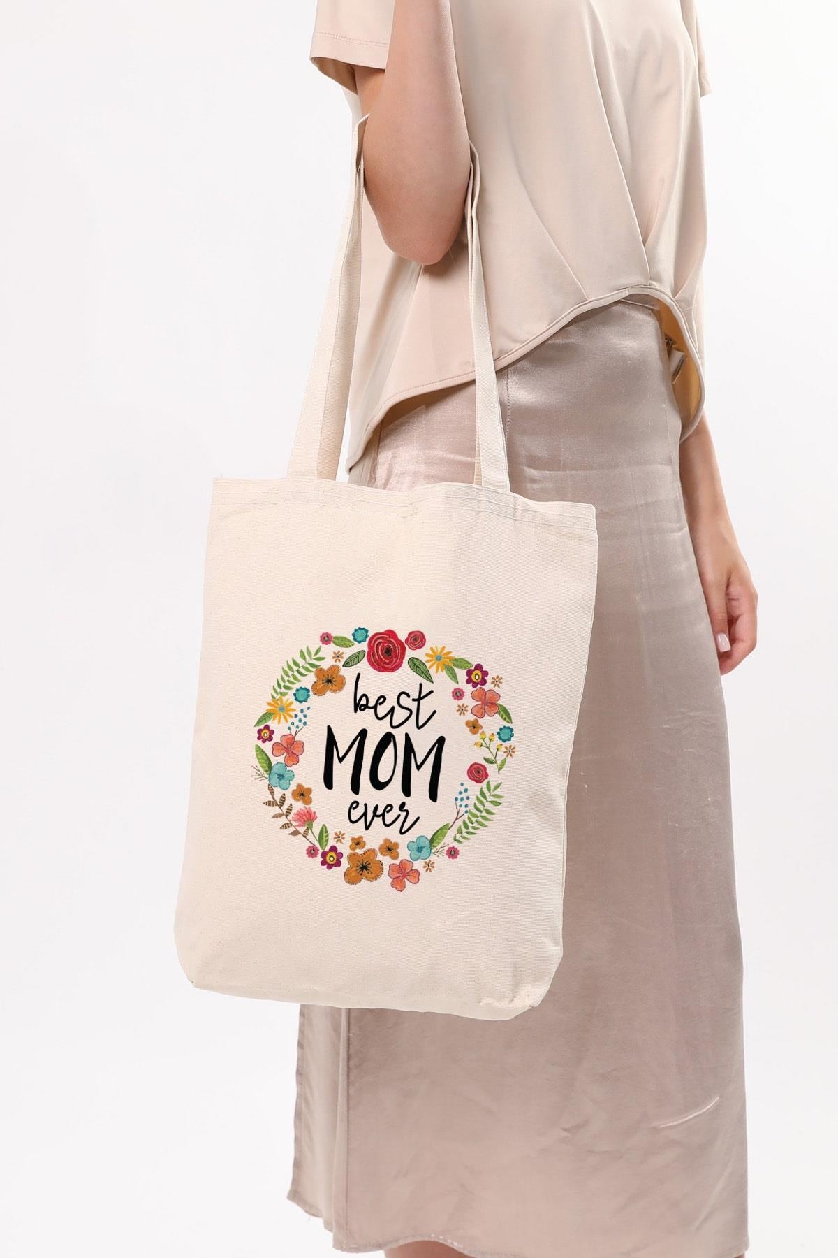 Kanvas Best Mom Ever Baskılı Bez Çanta