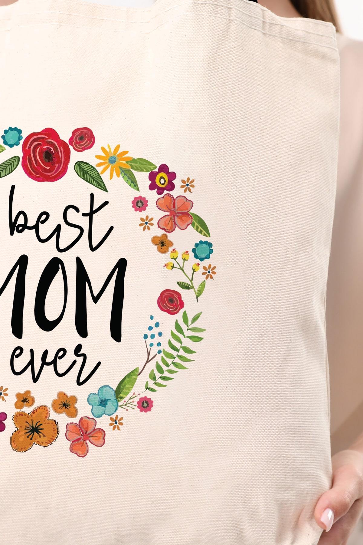 Kanvas Best Mom Ever Baskılı Bez Çanta