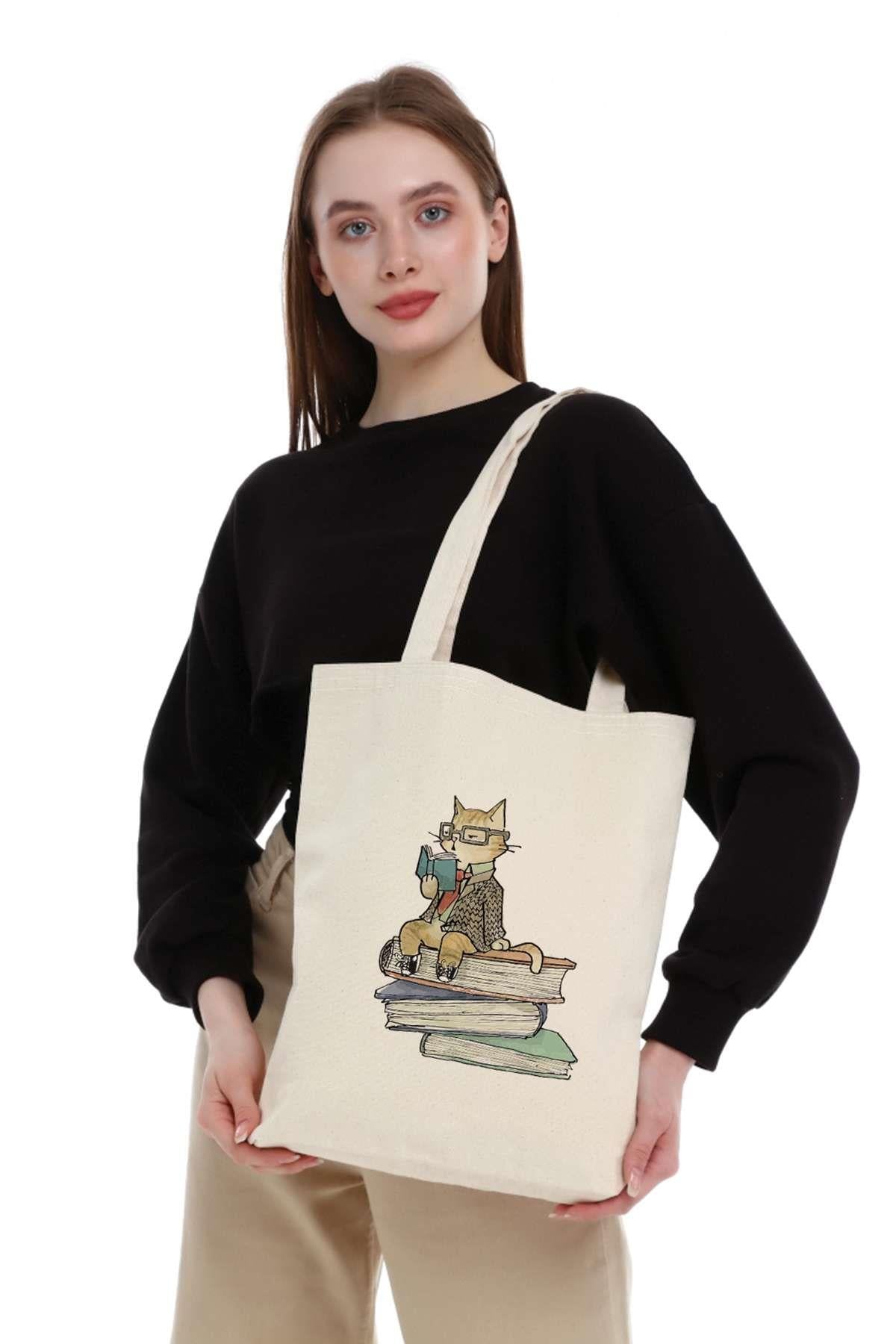 Kanvas Kitap Okuyan Kedi Bez Çanta C0557