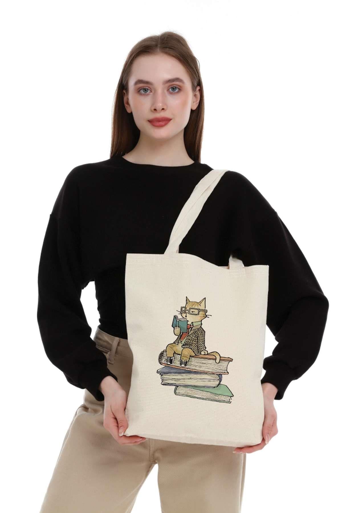 Kanvas Kitap Okuyan Kedi Bez Çanta C0557