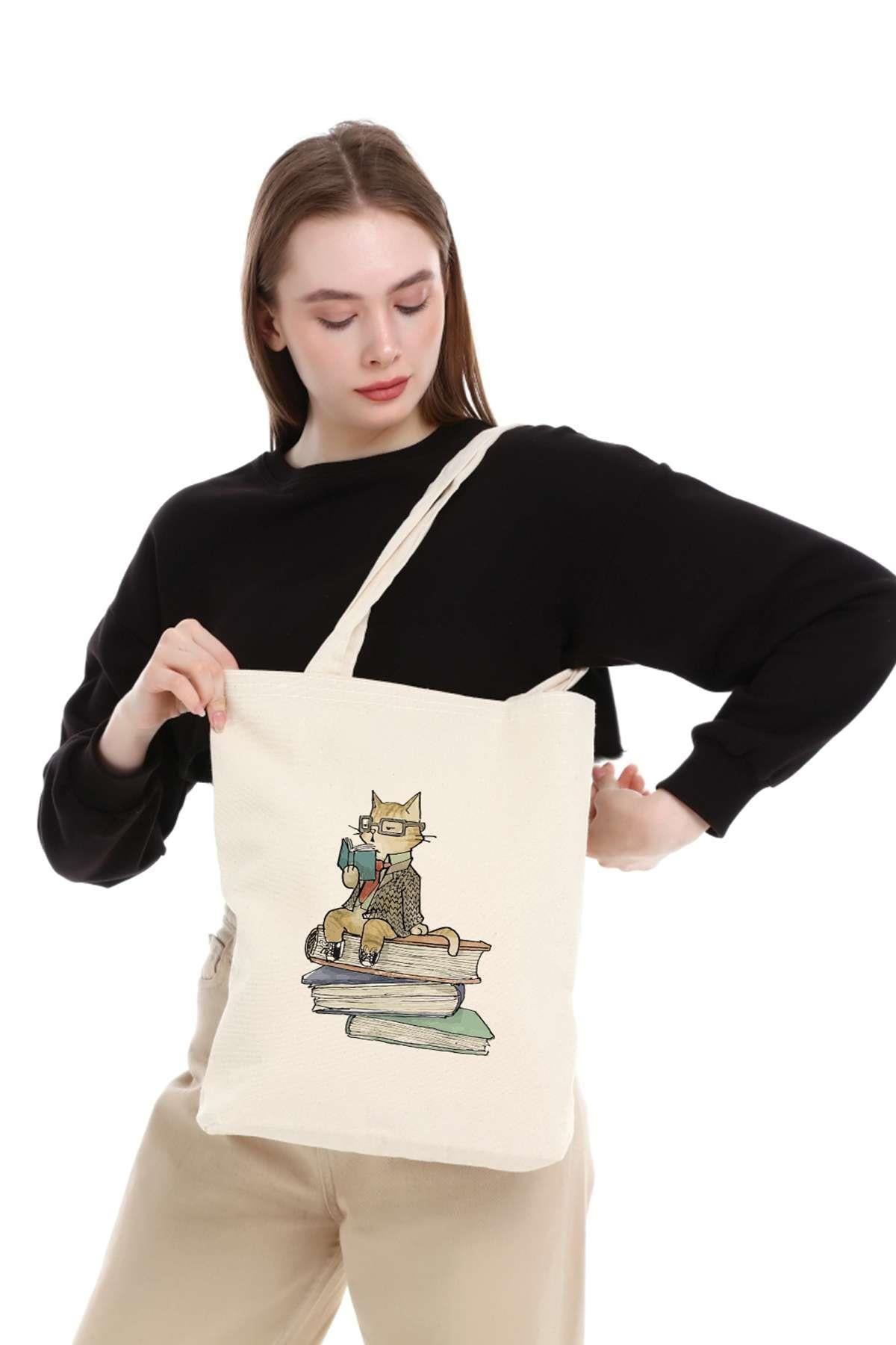 Kanvas Kitap Okuyan Kedi Bez Çanta C0557