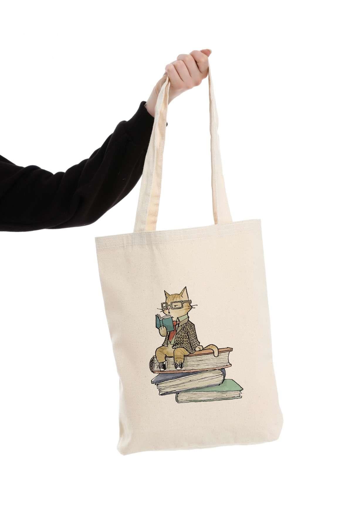 Kanvas Kitap Okuyan Kedi Bez Çanta C0557