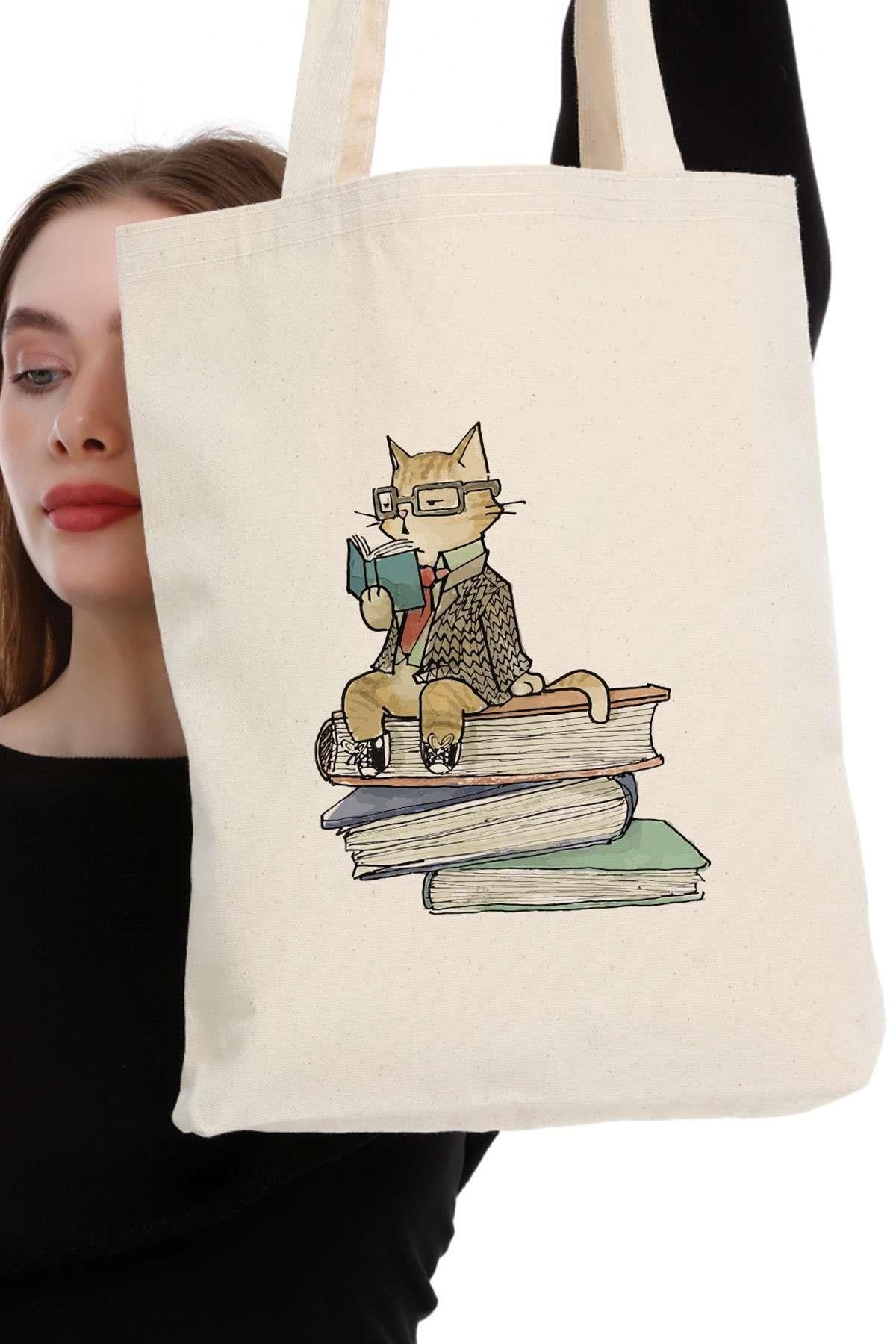 Kanvas Kitap Okuyan Kedi Bez Çanta C0557