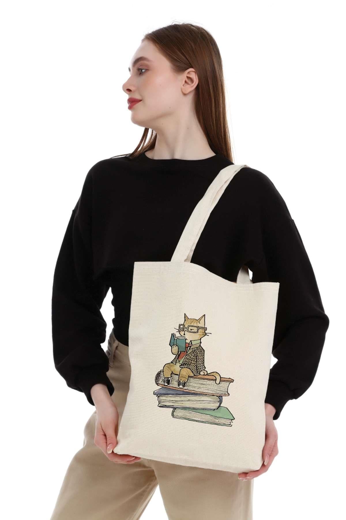 Kanvas Kitap Okuyan Kedi Bez Çanta C0557